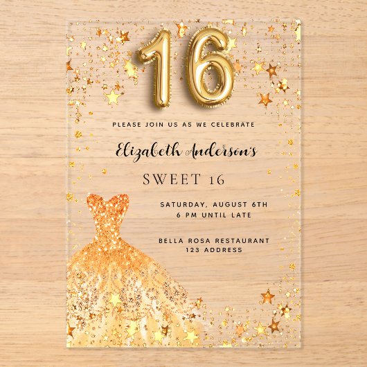 Sweet 16 gouden jurk sterren Clear Acryl Uitnodigingen (Voorkant)