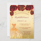 Sweet 16 gouden rode glitter jurk kaart (Voorkant)