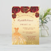 Sweet 16 gouden rode glitter jurk kaart (Staand voorkant)