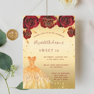 Sweet 16 gouden rode glitter jurk kaart