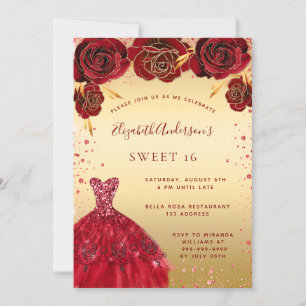 Sweet 16 gouden rode glitterjurk glamoureus kaart