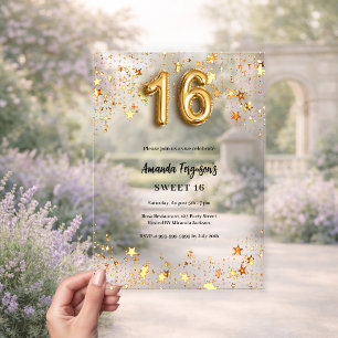 Sweet 16 gouden sterren doorzichtig acryl uitnodigingen