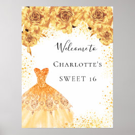 Sweet 16 gouden witte jurk bloemen feest welkom poster