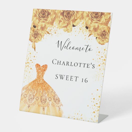 Sweet 16 gouden, witte jurk, welkom reclamebord met voetstuk (Voorkant)