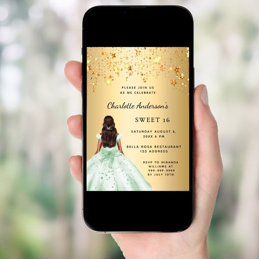 Sweet 16 greeb gouden jurk sterren kaart