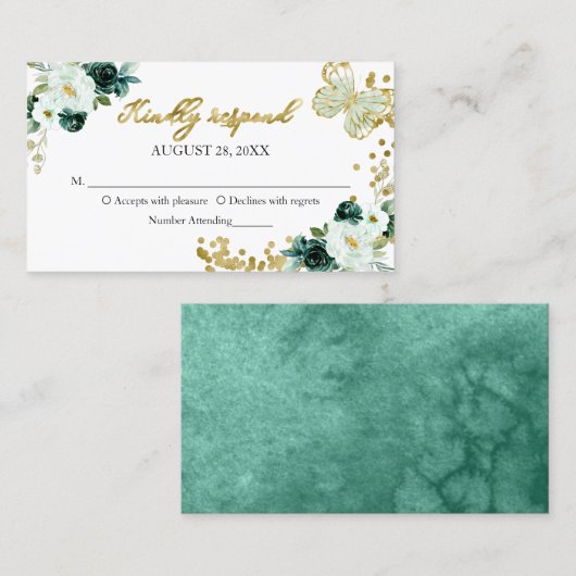Sweet 16 Green Floral Butterfly RSVP Enclosure Visitekaartje (Voorkant / Achterkant)