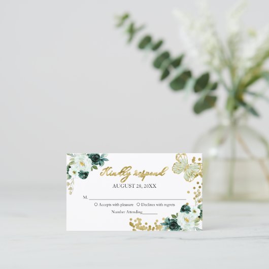 Sweet 16 Green Floral Butterfly RSVP Enclosure Visitekaartje (Staand voorkant)