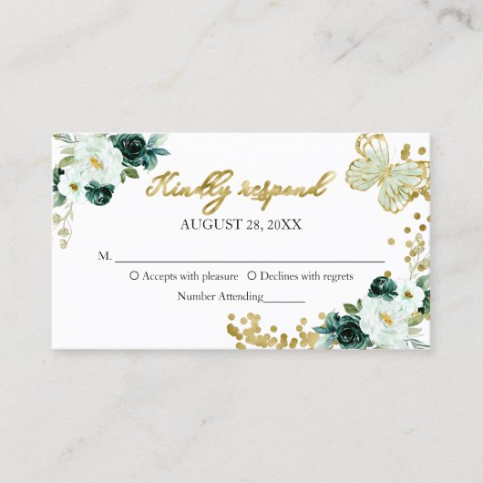 Sweet 16 Green Floral Butterfly RSVP Enclosure Visitekaartje (Voorkant)