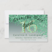 Sweet 16 Green Glitter Stylish Glitter Number 16 Save The Date (Voorkant)