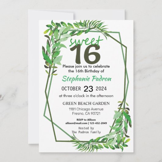 Sweet 16 Greenery Geometric Modern 16th Birthday Kaart (Voorkant)