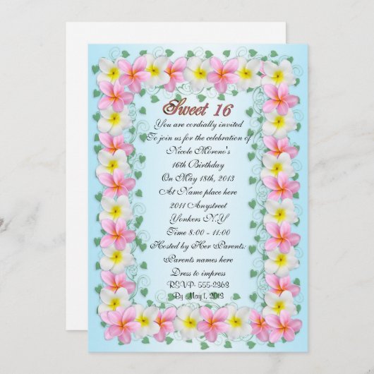 Sweet 16 grens Uitnodiging Plumeria (Voorkant / Achterkant)
