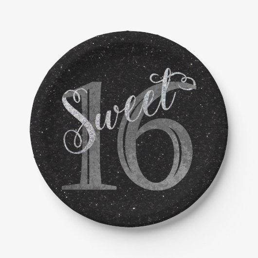 Sweet 16 | Grey Grunge en Faux Silver Glitter Papieren Bordje (Voorkant)