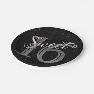 Sweet 16   Grey Grunge en Faux Silver Glitter Papieren Bordje