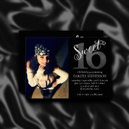 Sweet 16 | Grey Grunge Faux Zilveren Glitter Foto Kaart