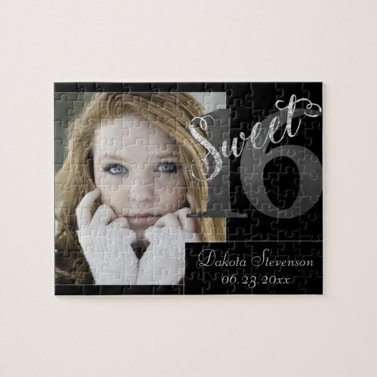 Sweet 16 | Grey Grunge Faux Zilveren Glitter Foto Legpuzzel (Horizontaal)