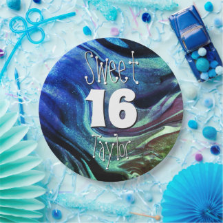 Sweet 16 Groen & Blauw Marmer Persoonlijk Papieren Bordje