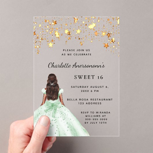 Sweet 16 groen goud jurk sterren Clear Acryl Uitnodigingen (Insitu (Draagbaar))