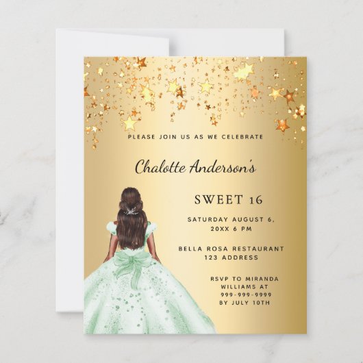 Sweet 16 groen goud jurk sterren uitnodiging (Voorkant)