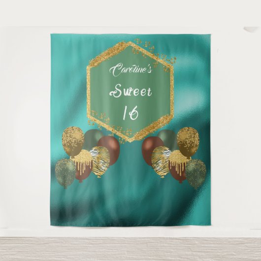 Sweet 16 groene glitters & glitters feestballonnen wandkleed (Voorkant)