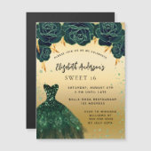 Sweet 16 groene gouden jurk rozen magneetuitnodigi (Voorkant / Achterkant)