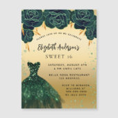 Sweet 16 groene gouden jurk rozen magneetuitnodigi (Voorkant)