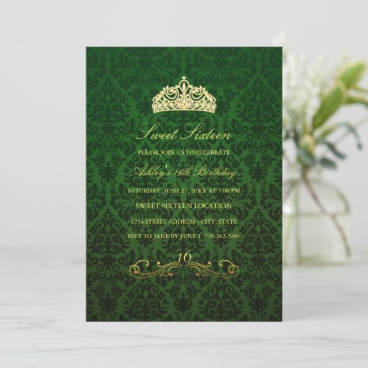 Sweet 16 | Groene Tiara & Damask Uitnodiging (Staand voorkant)