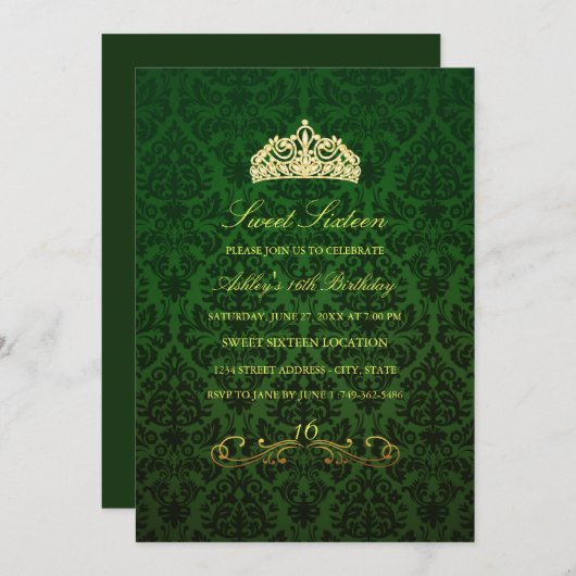 Sweet 16 | Groene Tiara & Damask Uitnodiging (Voorkant / Achterkant)