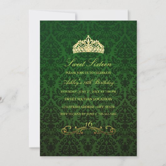 Sweet 16 | Groene Tiara & Damast Uitnodiging (Voorkant)