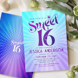 Sweet 16 Groovy Paarse Blauwe Gradient Retro Boho Kaart<br><div class="desc">"Gelukkige zoete 16 verjaardag". Stuur deze coole boho retro, gepersonaliseerde feestuitnodiging voor een evenement om te onthouden. Leuke, trendy, gedurfde paarse en marineblauwe typografie met moderne sans serif typografie overlay een achtergrond van pop lichte turquoise en paarse ombre gradiënt stralen met witte stippen. Op de achterkant bedekt een witte zoete...</div>