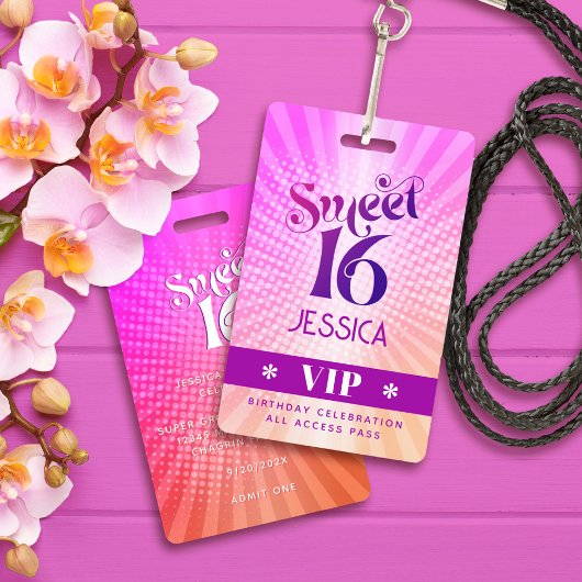 Sweet 16 Groovy Roze Sinaasappel Gradient Boho VIP Badge