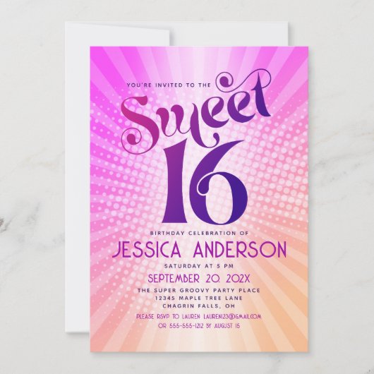 Sweet 16 Groovy Roze Sinaasappel Gradient Retro Bo Kaart (Voorkant)