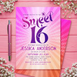 Sweet 16 Groovy Roze Sinaasappel Gradient Retro Bo Kaart<br><div class="desc">"Gelukkige zoete 16 verjaardag". Stuur deze coole boho retro, gepersonaliseerde feestuitnodiging voor een evenement om te onthouden. Leuke, trendy, gedurfde donkerroze en paarse typografie met moderne sans serif typografie overlay een achtergrond van pop licht sinaasappel en roze ombre gradiënt stralen met witte stippen. Op de achterkant bedekt een witte zoete...</div>