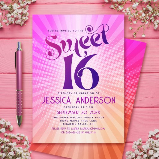 Sweet 16 Groovy Roze Sinaasappel Gradient Retro Bo Kaart
