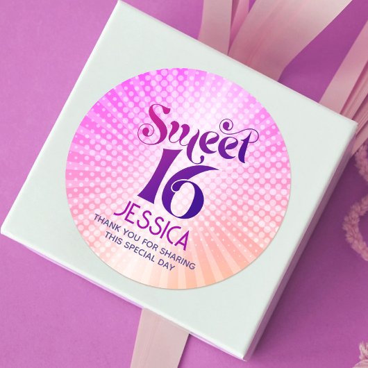 Sweet 16 Groovy Roze Sinaasappel Gradient Retro Bo Ronde Sticker