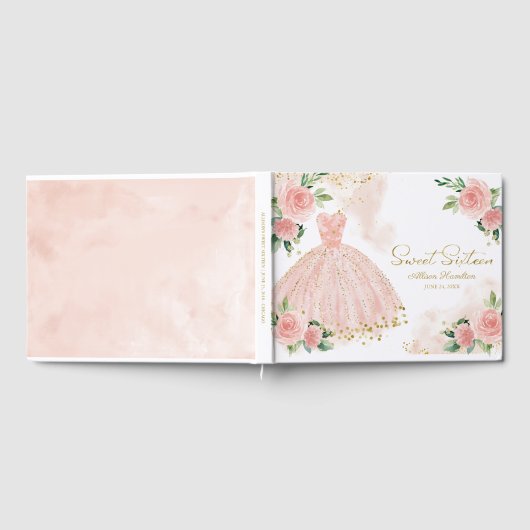 Sweet 16 Guest Book Blush Pink Gown Floral Gastenboek (Volledig)