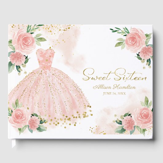 Sweet 16 Guest Book Blush Pink Gown Floral Gastenboek (Voorkant)