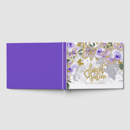 Sweet 16 Guest Book Gold Paarse Butterfly Floral Gastenboek (Volledig)