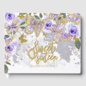 Sweet 16 Guest Book Gold Paarse Butterfly Floral Gastenboek (Voorkant)
