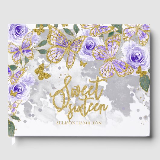 Sweet 16 Guest Book Gold Paarse Butterfly Floral Gastenboek (Voorkant)