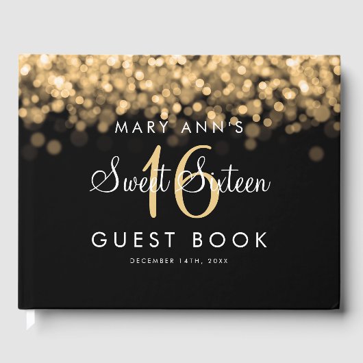 Sweet 16 Guestbook Party Glinsterende Gouden Licht Gastenboek (Voorkant)