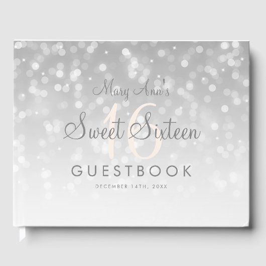 Sweet 16 Guestbook Silver Bokeh Sparkle Light Gastenboek (Voorkant)