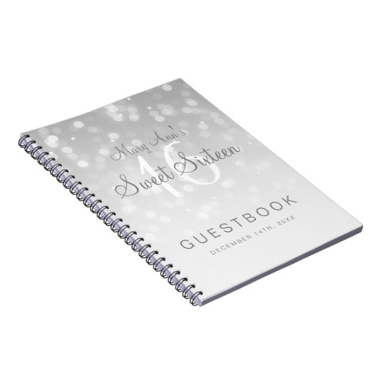 Sweet 16 Guestbook Silver Bokeh Sparkle Light Notitieboek (Rechterzijde)