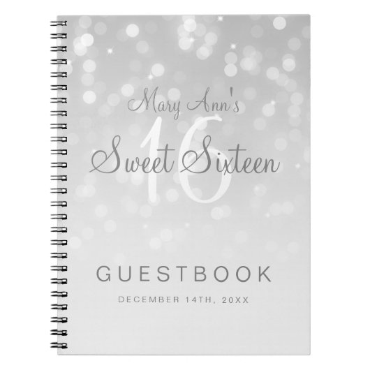 Sweet 16 Guestbook Silver Bokeh Sparkle Light Notitieboek (Voorkant)