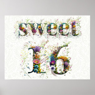 Sweet 16 Happy Birthday Wildflowers Tekst Poster