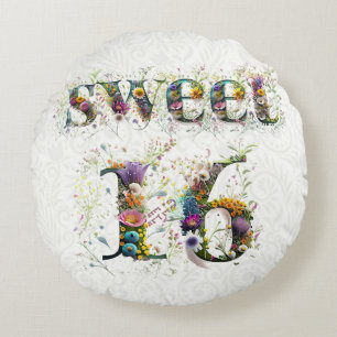 Sweet 16 Happy Birthday Wildflowers Tekst Rond Kussen