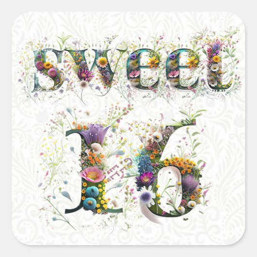 Sweet 16 Happy Birthday Wildflowers Tekst Vierkante Sticker (Voorkant)