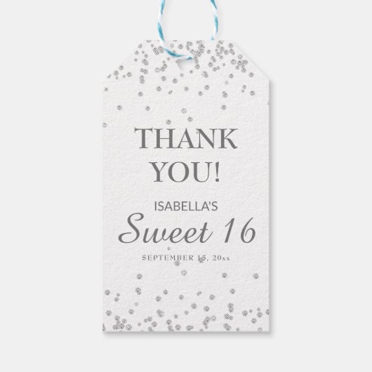 Sweet 16 Hartelijk dank: White Silver Glitter Gift Cadeaulabel (Achterkant)