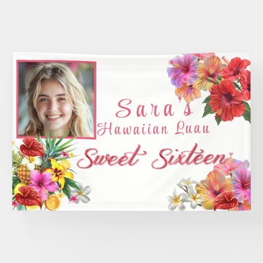 Sweet 16 Hawaïaanse Luau Hibiscus Plumeria Spandoek (Horizontaal)