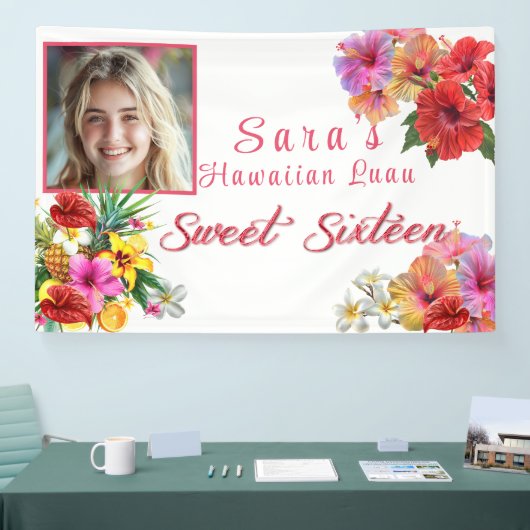 Sweet 16 Hawaïaanse Luau Hibiscus Plumeria Spandoek (Beurs)