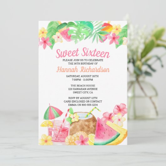 Sweet 16 Hawaïaanse thema Waterverf Luau Party Kaart (Staand voorkant)